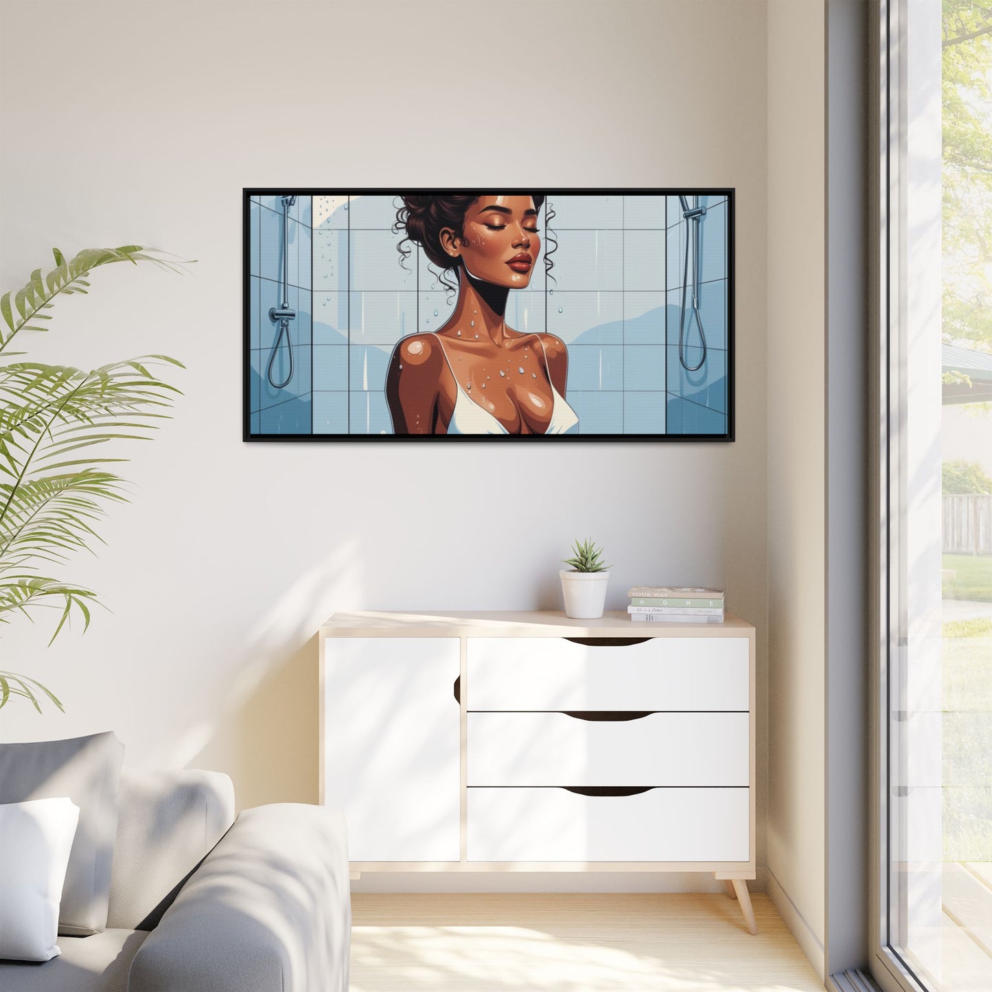 Serene Bathing Woman Canvas Art - Framed Multi-Color Wall Decor