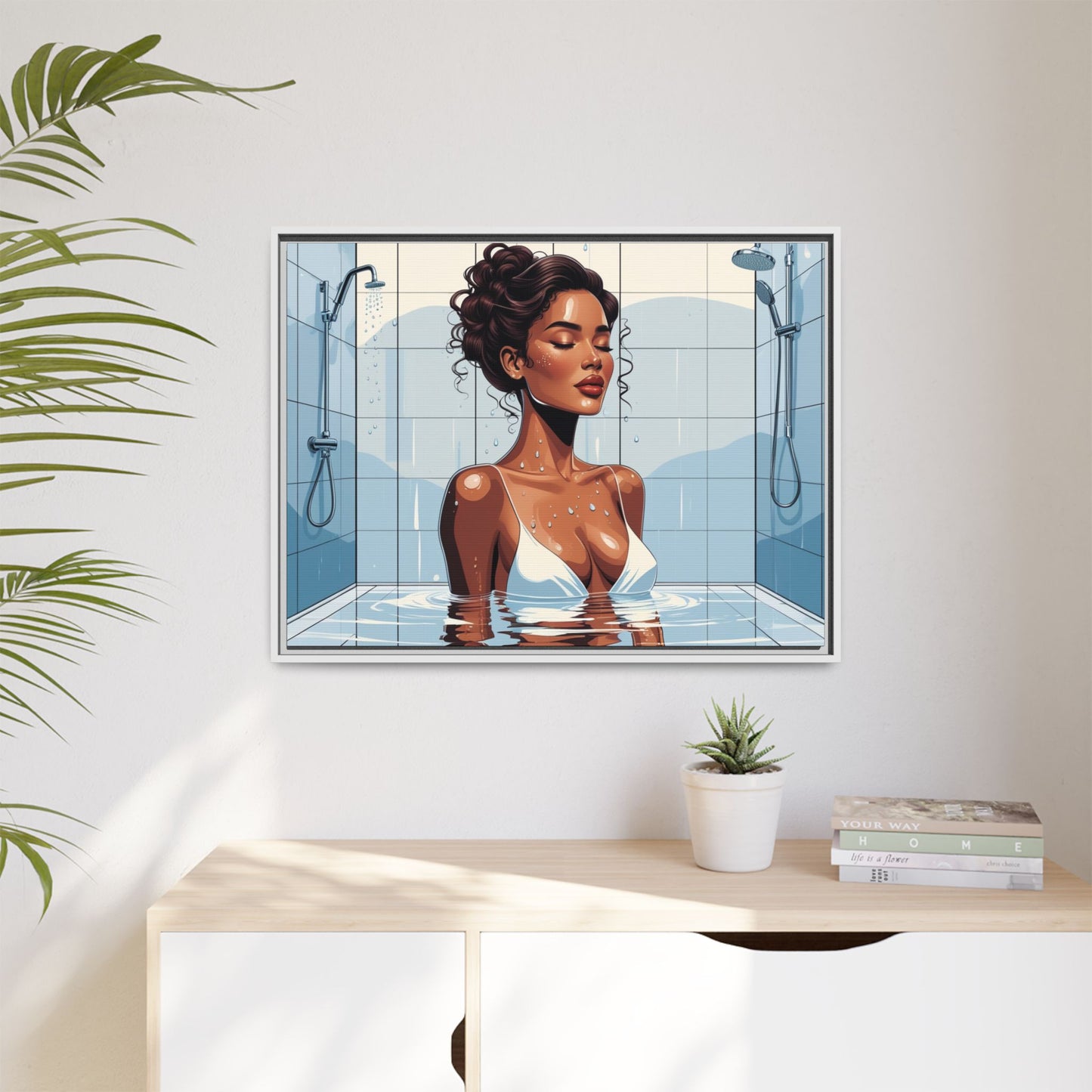 Serene Bathing Woman Canvas Art - Framed Multi-Color Wall Decor