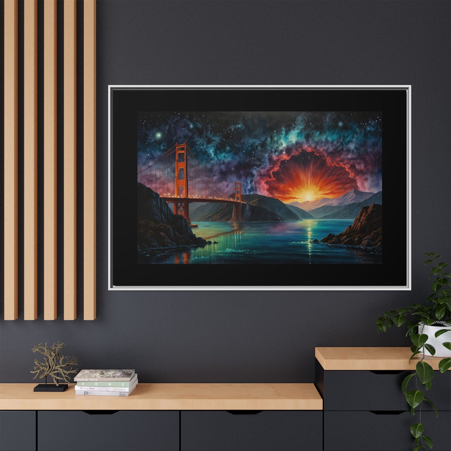 Golden Gate Sunset Framed Canvas Art - Multi-Color Wall Decor