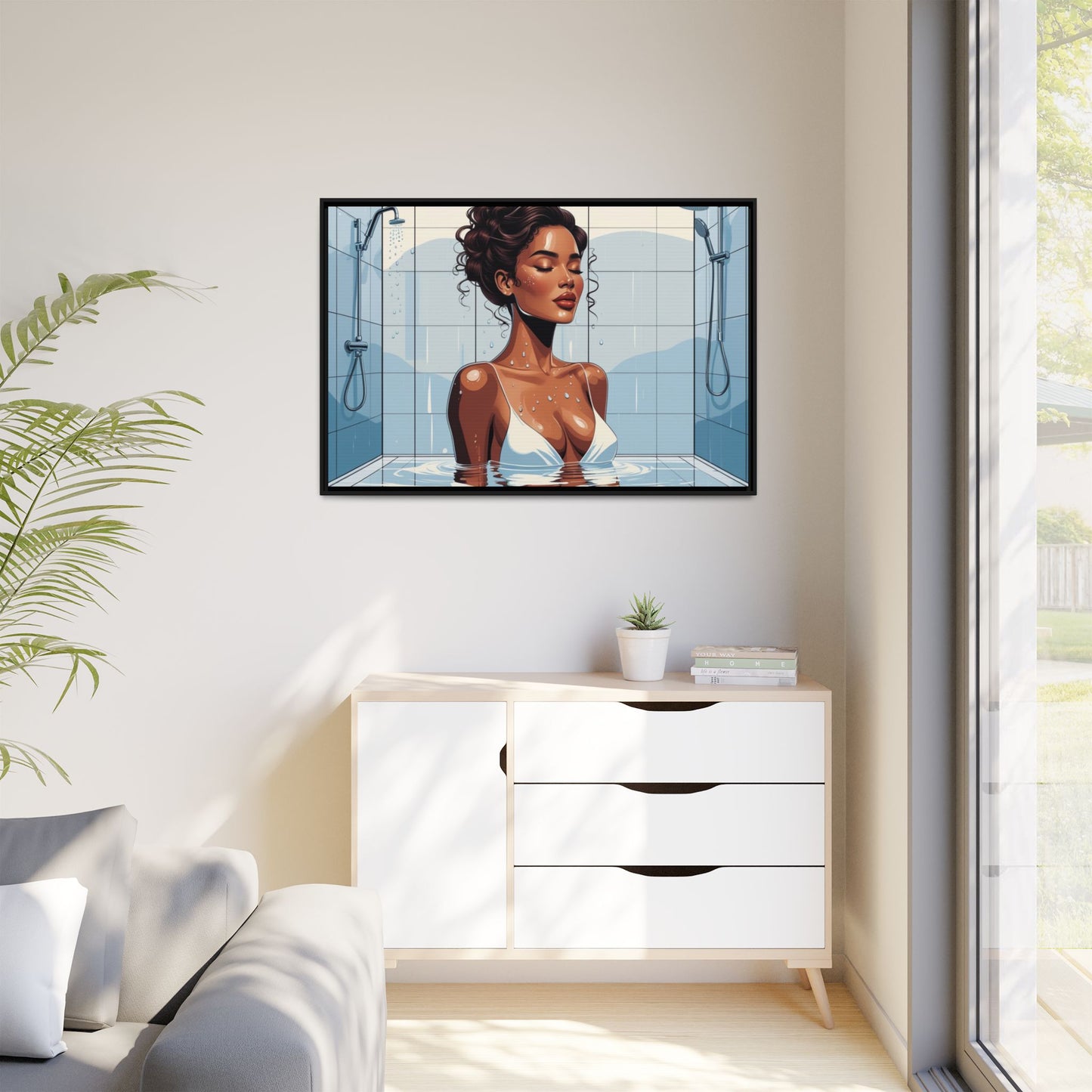 Serene Bathing Woman Canvas Art - Framed Multi-Color Wall Decor
