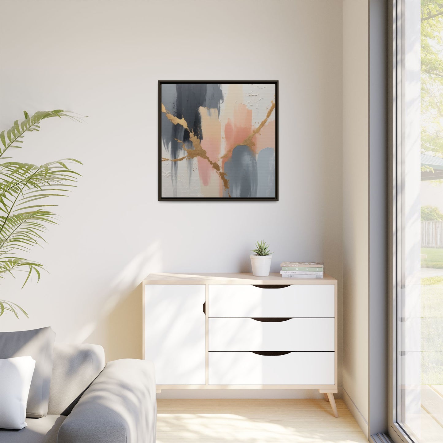Elegant Abstract Framed Canvas Art with Gold Accents