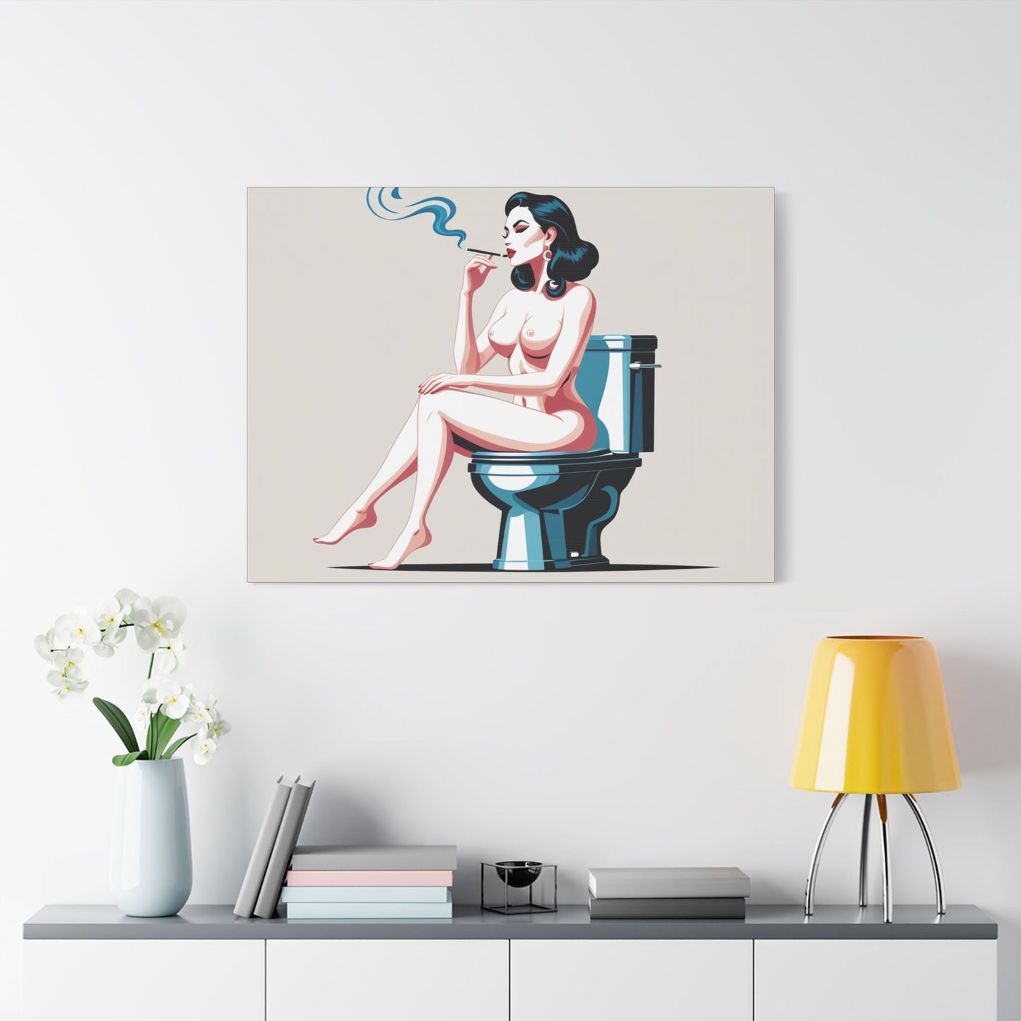 Retro Vintage Art Canvas Print - Sensual Woman Smoking on Toilet