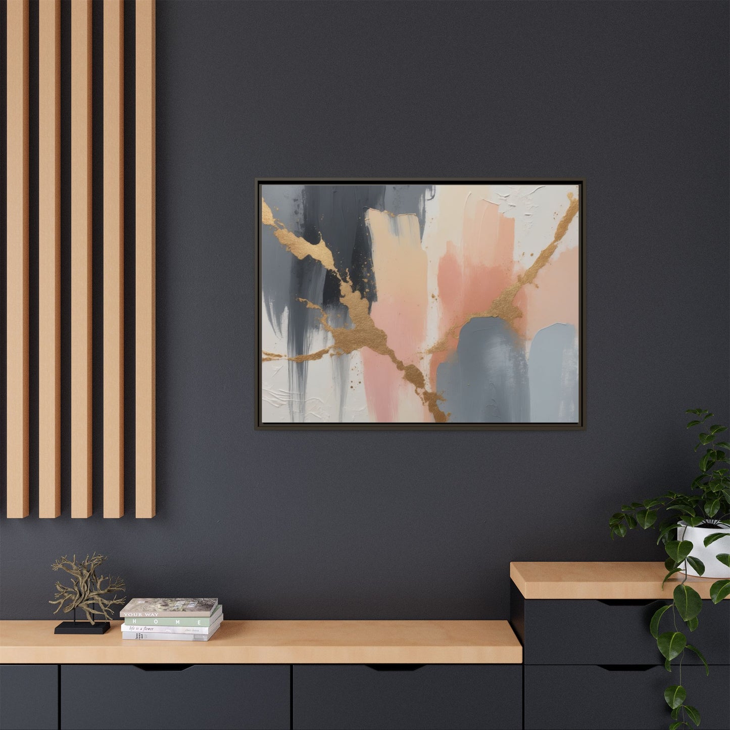 Elegant Abstract Framed Canvas Art with Gold Accents