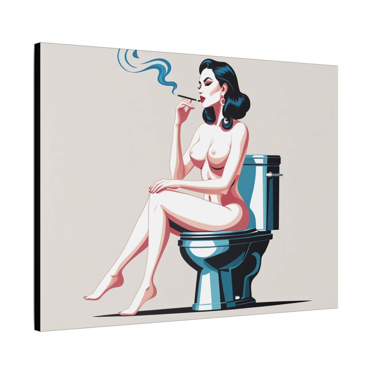Retro Vintage Art Canvas Print - Sensual Woman Smoking on Toilet