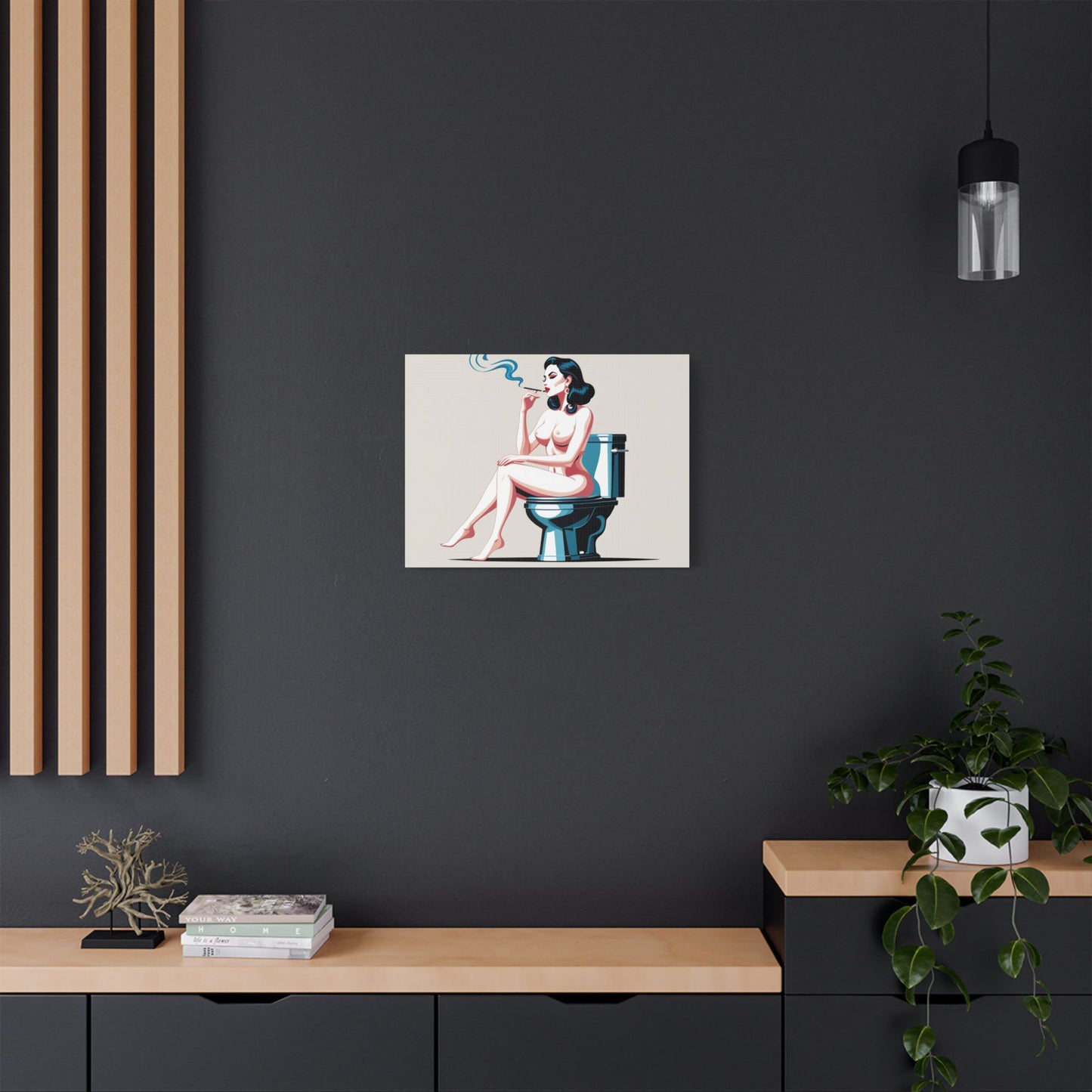 Retro Vintage Art Canvas Print - Sensual Woman Smoking on Toilet