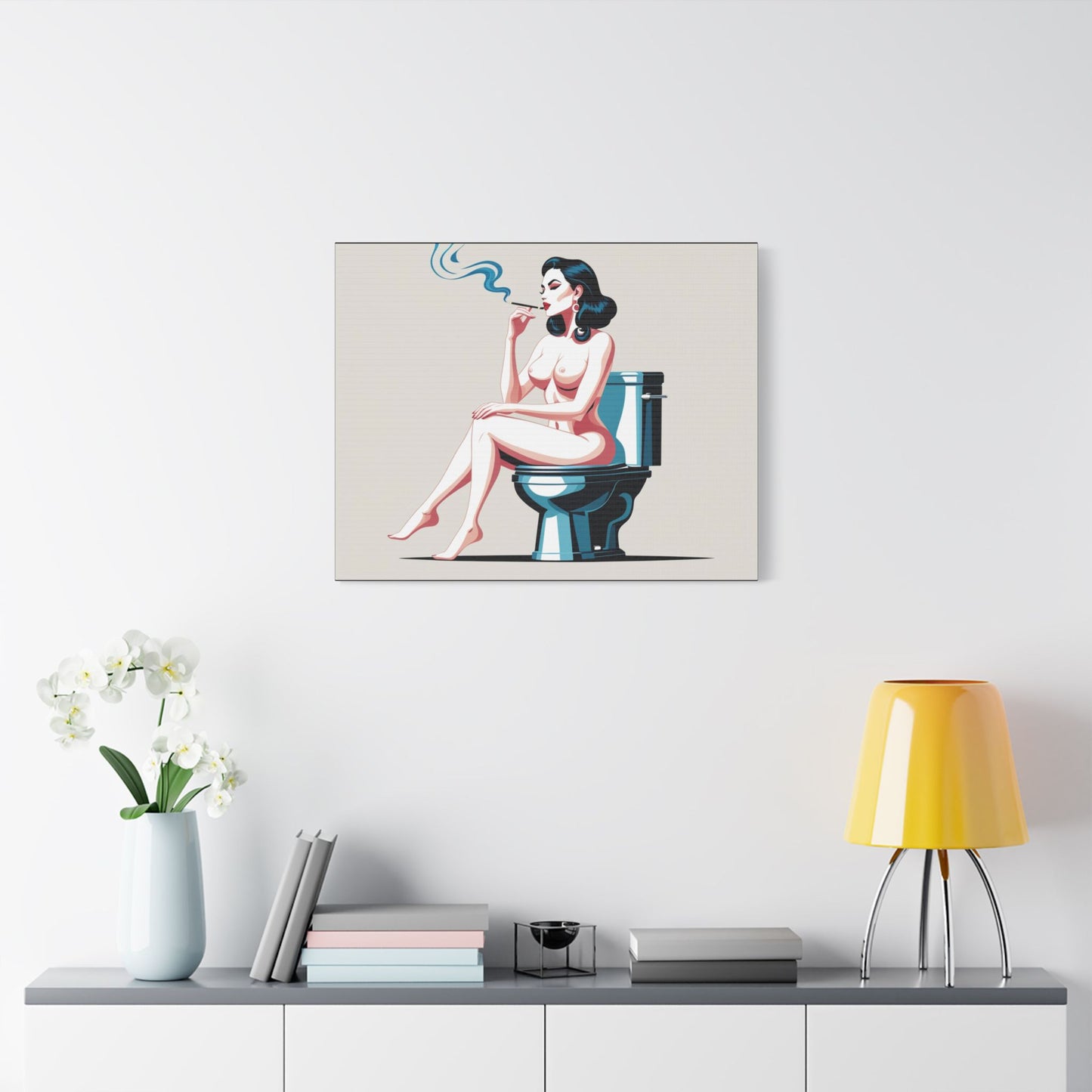 Retro Vintage Art Canvas Print - Sensual Woman Smoking on Toilet