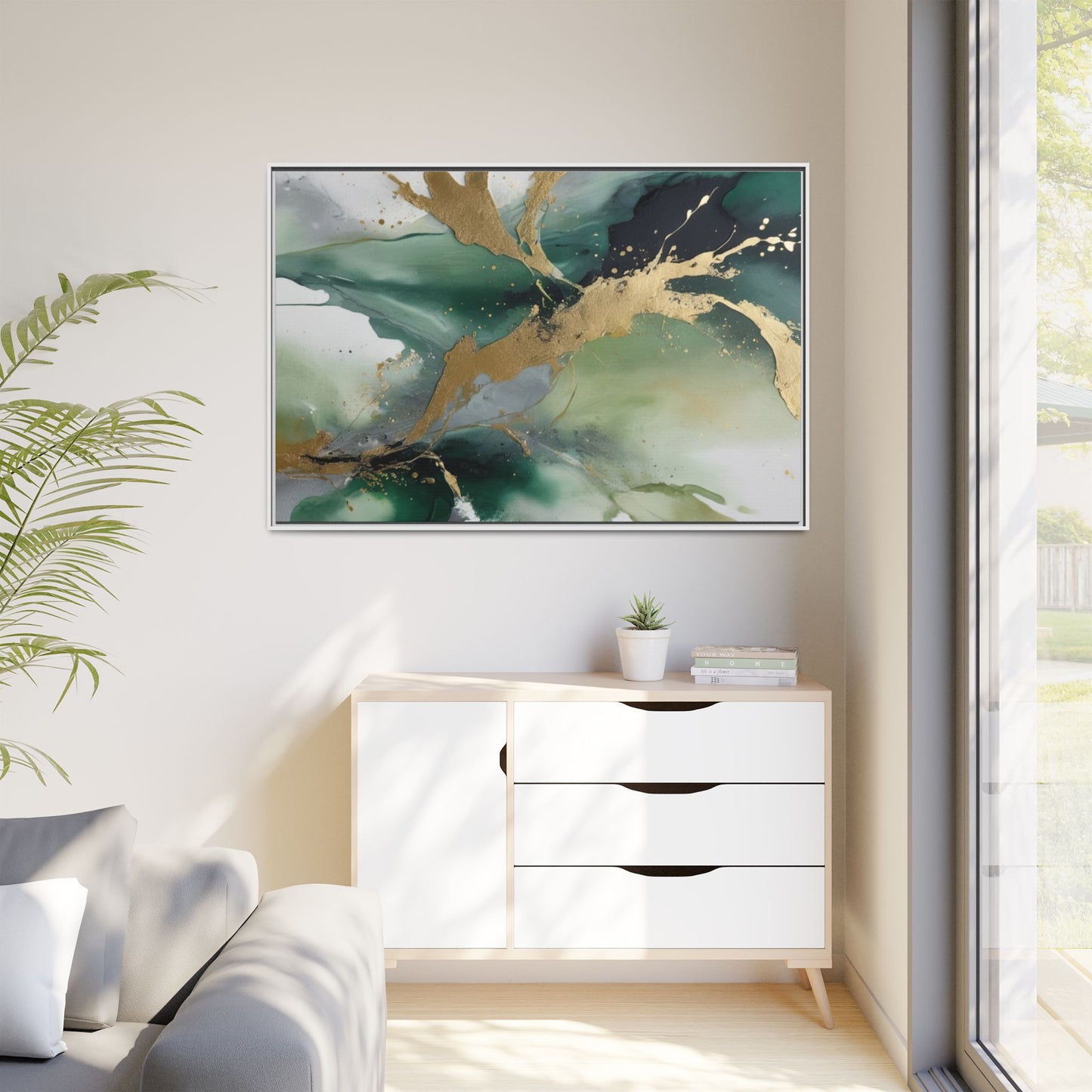 Elegant Abstract Framed Canvas Wall Art - Multi-Color Gold Accents