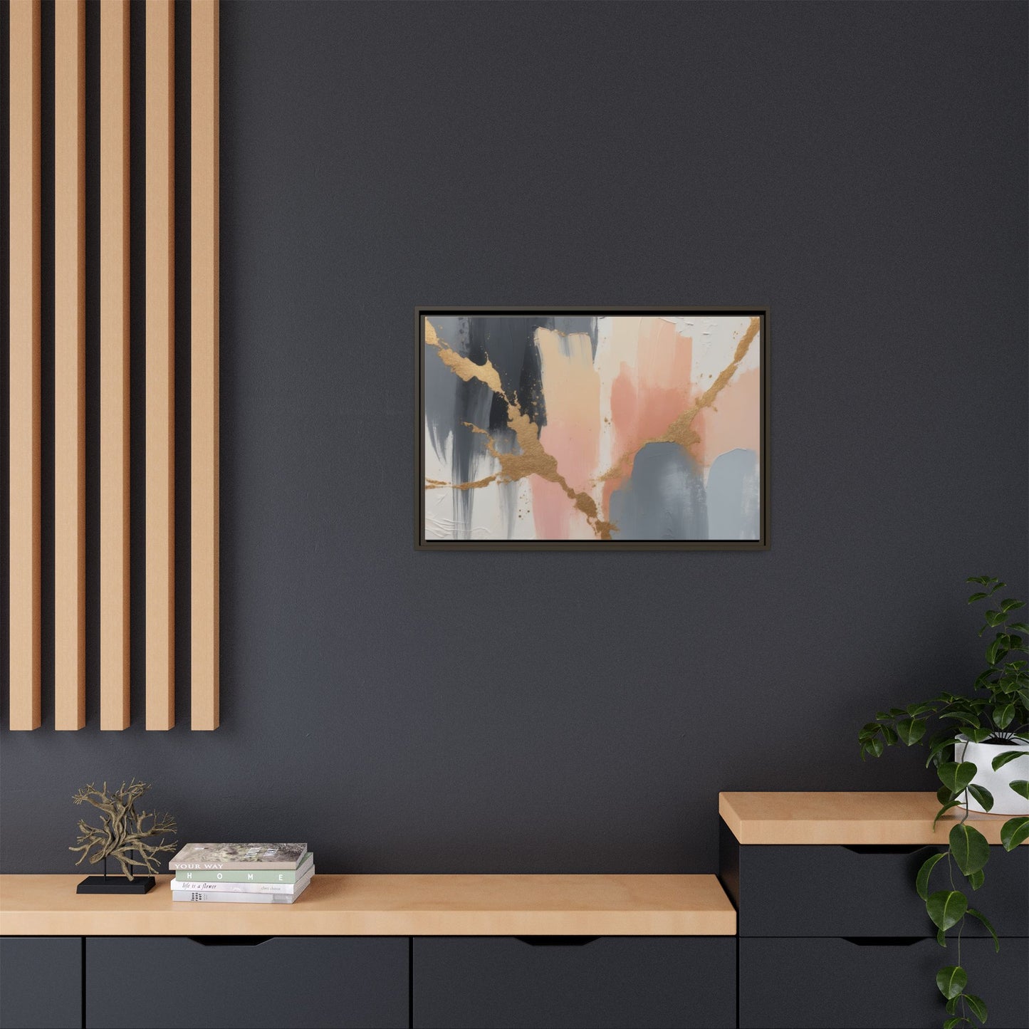 Elegant Abstract Framed Canvas Art with Gold Accents
