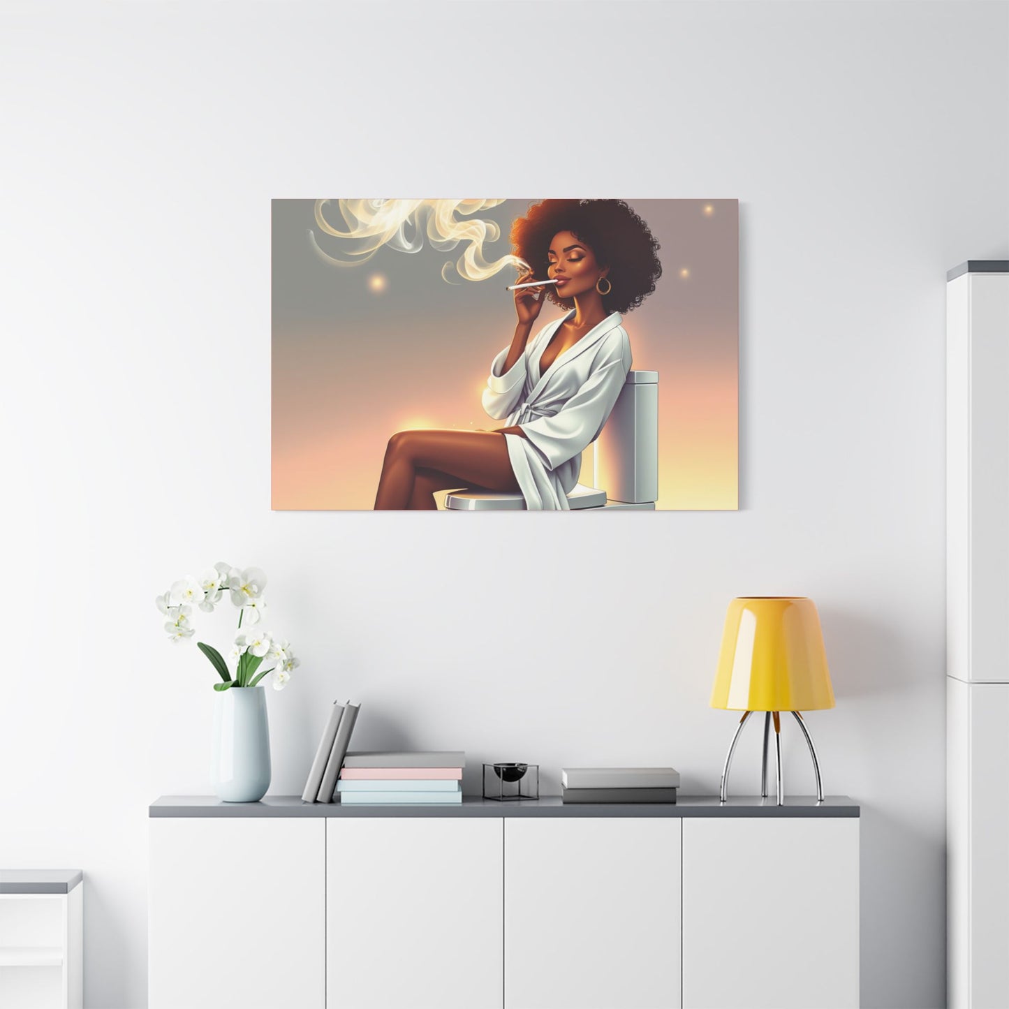 Contemporary Satin Canvas Wall Art - Stylish Leisure Scene with Female Figure