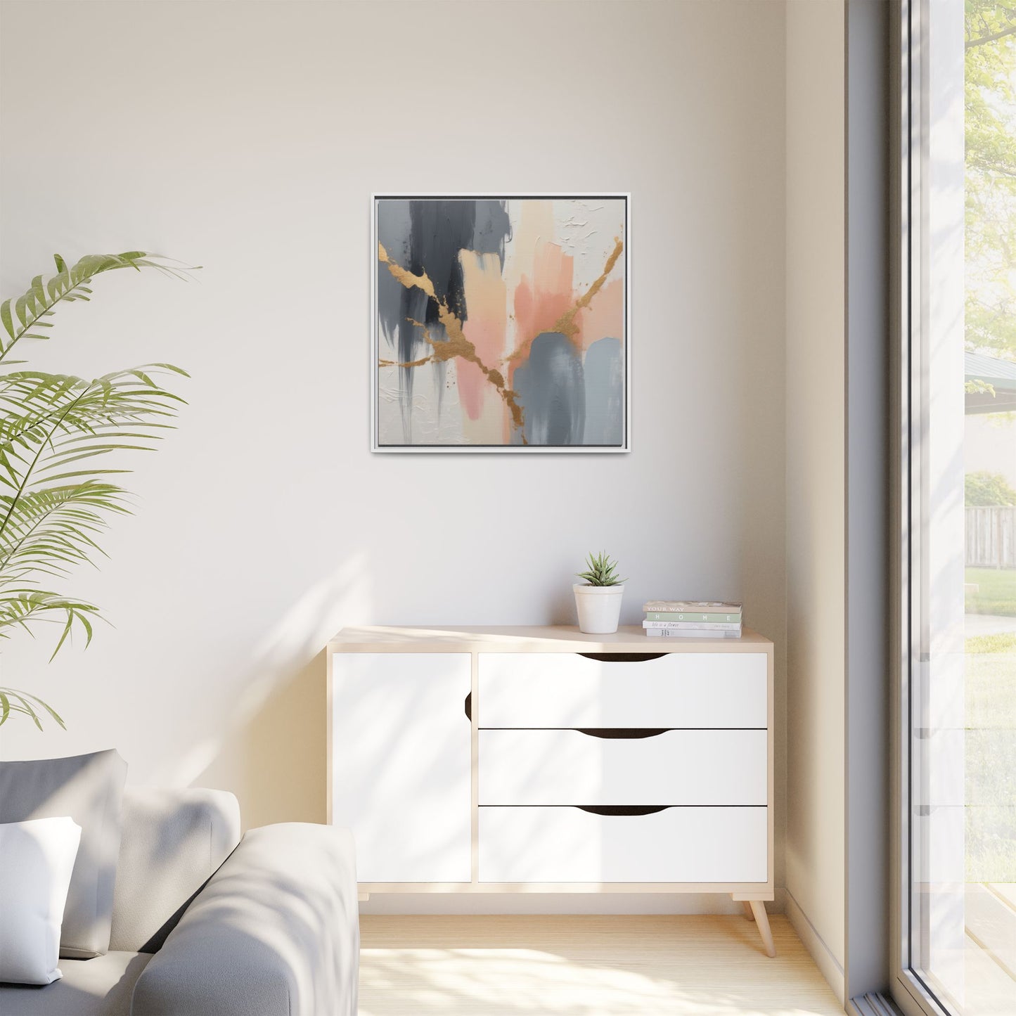 Elegant Abstract Framed Canvas Art with Gold Accents
