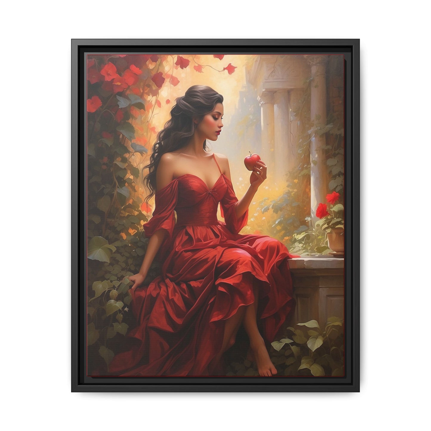 Elegant Framed Canvas Art - Romantic Red Dress with Apple